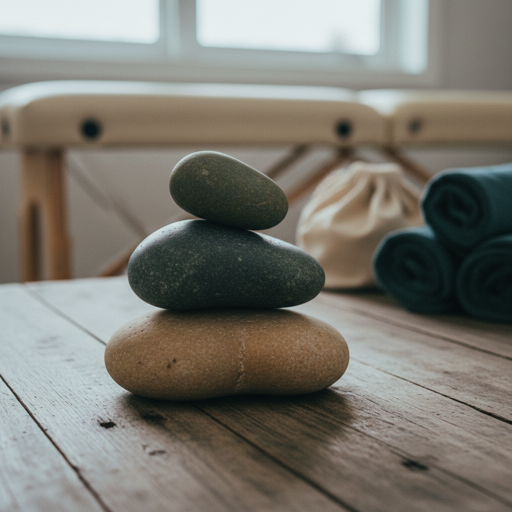 A close-up of strong, sculptural river stones—slate gray, moss green, and sand beige—arranged in a balanced stack on a weathered wooden surface, evoking shoulders and backs that carry a lot. The wood grain runs diagonally, showing subtle scars and knots, lit by soft, overcast window light that creates velvety shadows and a nostalgic analog-film texture. In the blurred background, a mobile massage kit is partially visible: a folded portable table, neatly rolled dark teal linens, and a compact canvas bag. Shot from a low angle with the stones in the lower third of the frame, the mood is steady, supportive, and contemplative, suggesting the transformation from burden to balance.