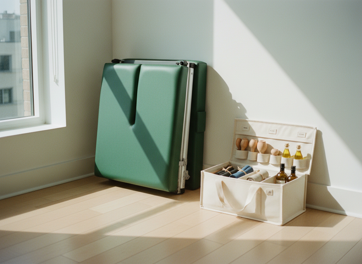 A minimalist, mobile therapeutic bodywork setup in the corner of a bright urban apartment: a folded dark forest-green massage table leans against a clean white wall, its brushed metal hinges and thick padded edges subtly catching the light. Beside it, an organized open canvas case reveals labeled compartments of massage tools—smooth wooden cupping instruments, neatly wrapped elastic bands, and amber oil bottles. Soft morning light pours through a nearby window, casting long, gentle shadows across the hardwood floor, enhanced by a muted analog-film warmth. Shot from a slightly elevated angle with a sharp foreground and soft background, the composition feels intentional, precise, and quietly ready, reflecting hands that listen and come to you.