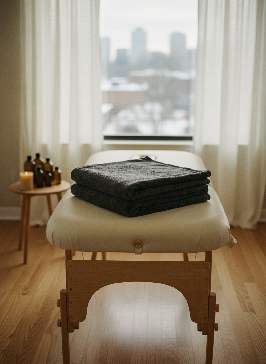 A neatly folded, deep charcoal massage blanket rests on a portable massage table with smooth, cream-colored upholstery, its rounded edges and sturdy wooden legs suggesting stability and care. The table is set up in a cozy Minneapolis living room, with warm oak floors and a large window revealing a soft-focus winter cityscape. Late afternoon natural light filters through sheer curtains, creating a gentle analog-film grain and warm highlights on fabric textures. A small wooden side table holds amber glass bottles of massage oil and a single beeswax candle, unlit. Shot at eye level with a shallow depth of field, the composition feels calm, grounded, and quietly restorative, embodying attentive therapeutic bodywork without showing any people.