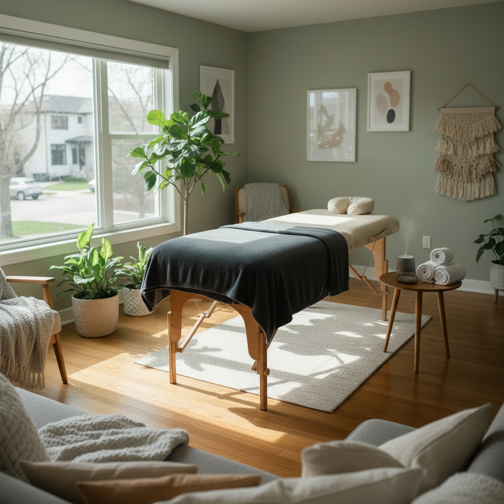 A single massage table set up in the living room of a high-end, $1.5M Minneapolis home: natural light from large windows, warm hardwood floors, rich neutral linens, a few thoughtfully placed blankets and pillows, subtle plants or artwork, calm and uncluttered, no visible therapist or client, feeling discreet, restorative, and welcoming.