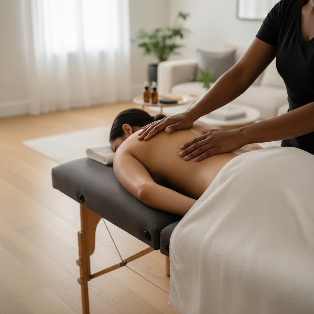 Close-up of the hands of a Black woman massage therapist performing bodywork on a racially ambiguous client lying face down on a massage table in a softly lit, luxury living room of an upscale home. Focus on natural brown skin tones, relaxed muscles, and a calm, nurturing touch. Show accurate, natural finger count on both hands. Style: clean, modern, warm, and welcoming, suitable for a high-end in-home bodywork service website.